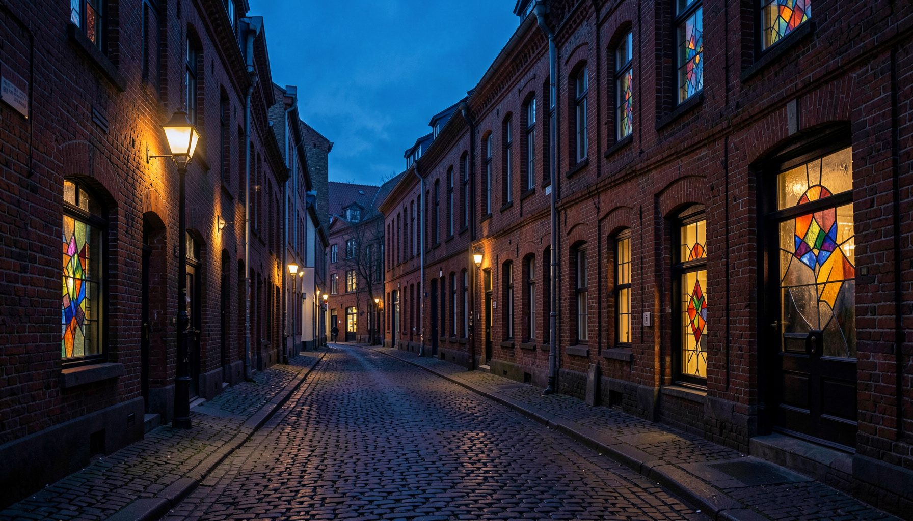 A quiet cobblestone lane in Aarhus at dusk, lined with old brick buildings and warm glowing street lamps, deep blues and amber tones.
