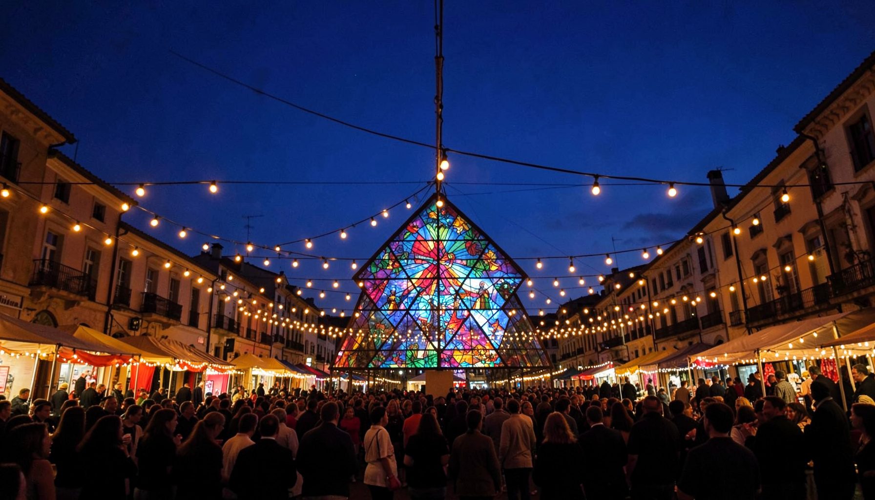 A wide festival square at dusk filled with warm amber lights, strings of overhead bulbs, and silhouettes of gathered crowds against a deep indigo sky.